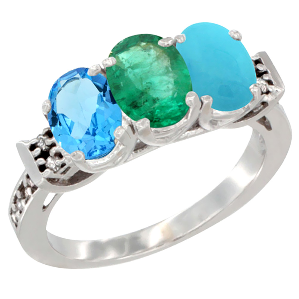 10K White Gold Natural Swiss Blue Topaz, Emerald & Turquoise Ring 3-Stone Oval 7x5 mm Diamond Accent, sizes 5 - 10