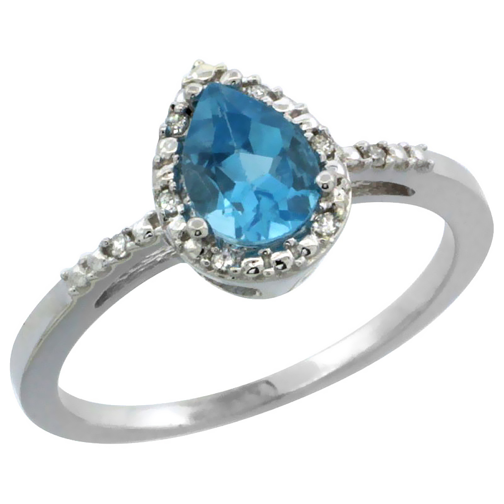 14K White Gold Diamond Natural Swiss Blue Topaz Ring Pear 7x5mm, sizes 5-10