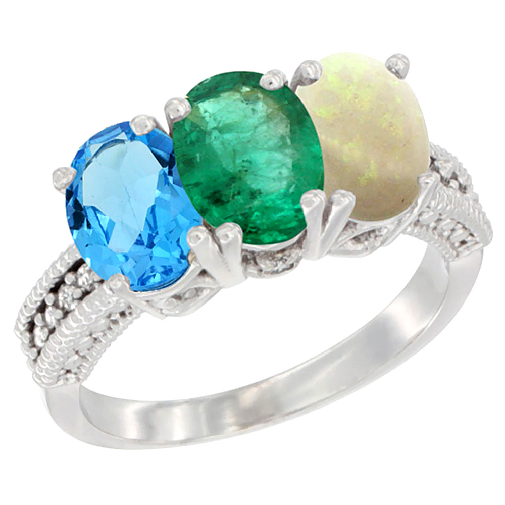 10K White Gold Natural Swiss Blue Topaz, Emerald &amp; Opal Ring 3-Stone Oval 7x5 mm Diamond Accent, sizes 5 - 10