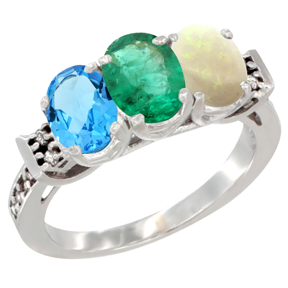 14K White Gold Natural Swiss Blue Topaz, Emerald &amp; Opal Ring 3-Stone 7x5 mm Oval Diamond Accent, sizes 5 - 10