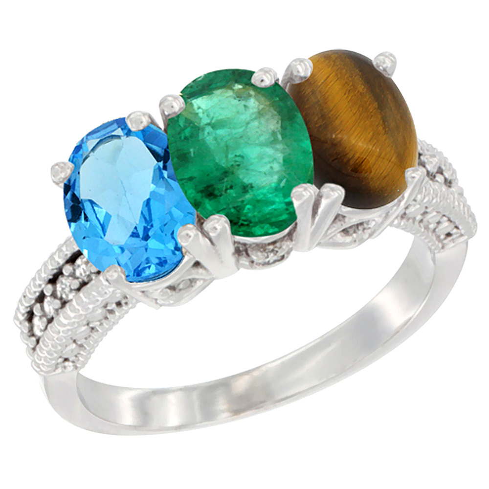 10K White Gold Natural Swiss Blue Topaz, Emerald & Tiger Eye Ring 3-Stone Oval 7x5 mm Diamond Accent, sizes 5 - 10