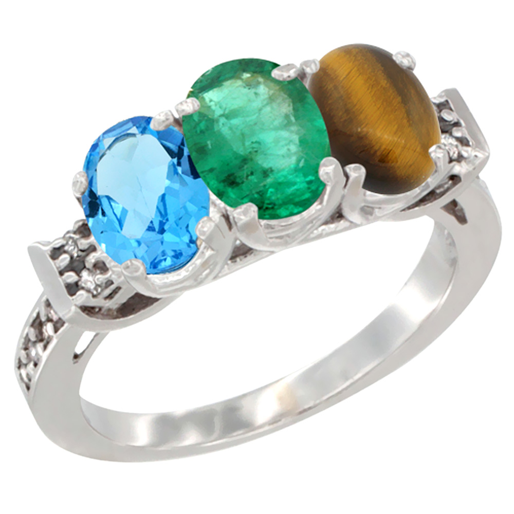 10K White Gold Natural Swiss Blue Topaz, Emerald &amp; Tiger Eye Ring 3-Stone Oval 7x5 mm Diamond Accent, sizes 5 - 10