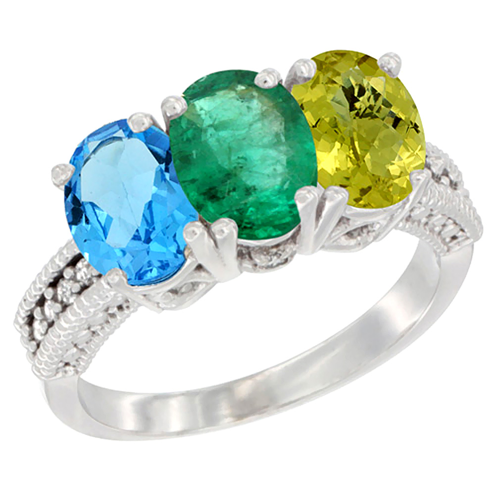10K White Gold Natural Swiss Blue Topaz, Emerald &amp; Lemon Quartz Ring 3-Stone Oval 7x5 mm Diamond Accent, sizes 5 - 10