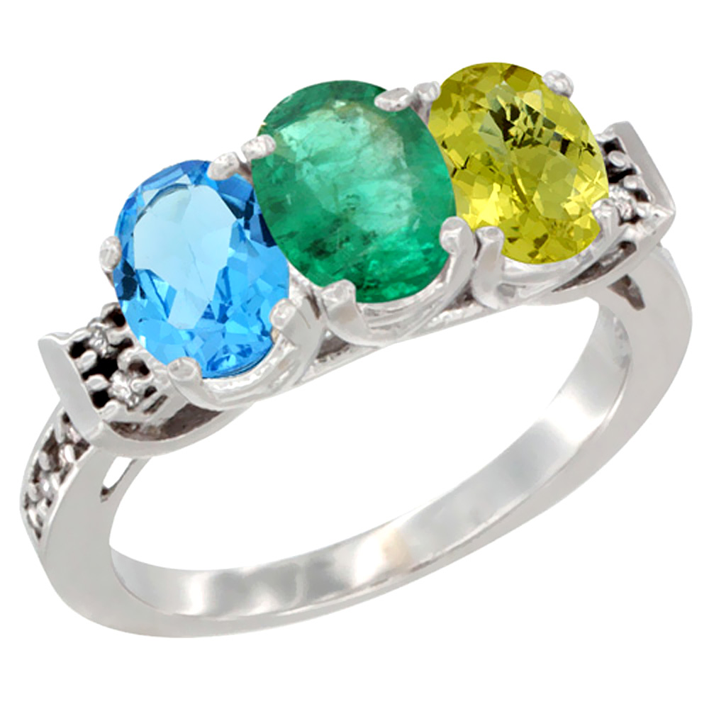 10K White Gold Natural Swiss Blue Topaz, Emerald & Lemon Quartz Ring 3-Stone Oval 7x5 mm Diamond Accent, sizes 5 - 10