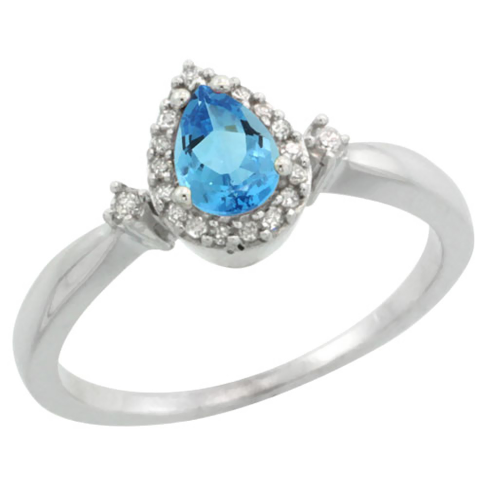 10K White Gold Diamond Genuine Blue Topaz Ring Halo Pear 6x4mm sizes 5-10