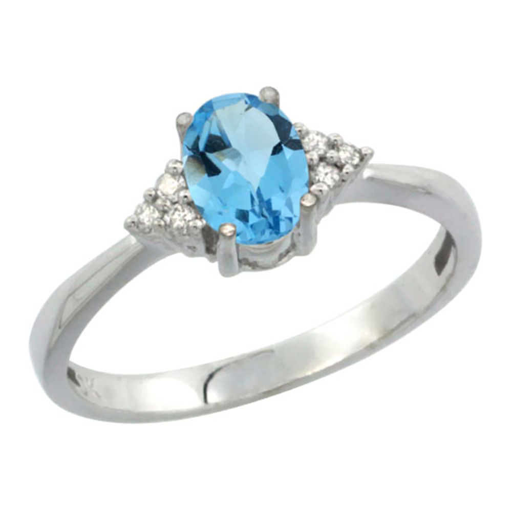 10K White Gold Diamond Genuine Blue Topaz Engagement Ring Oval 7x5mm sizes 5-10