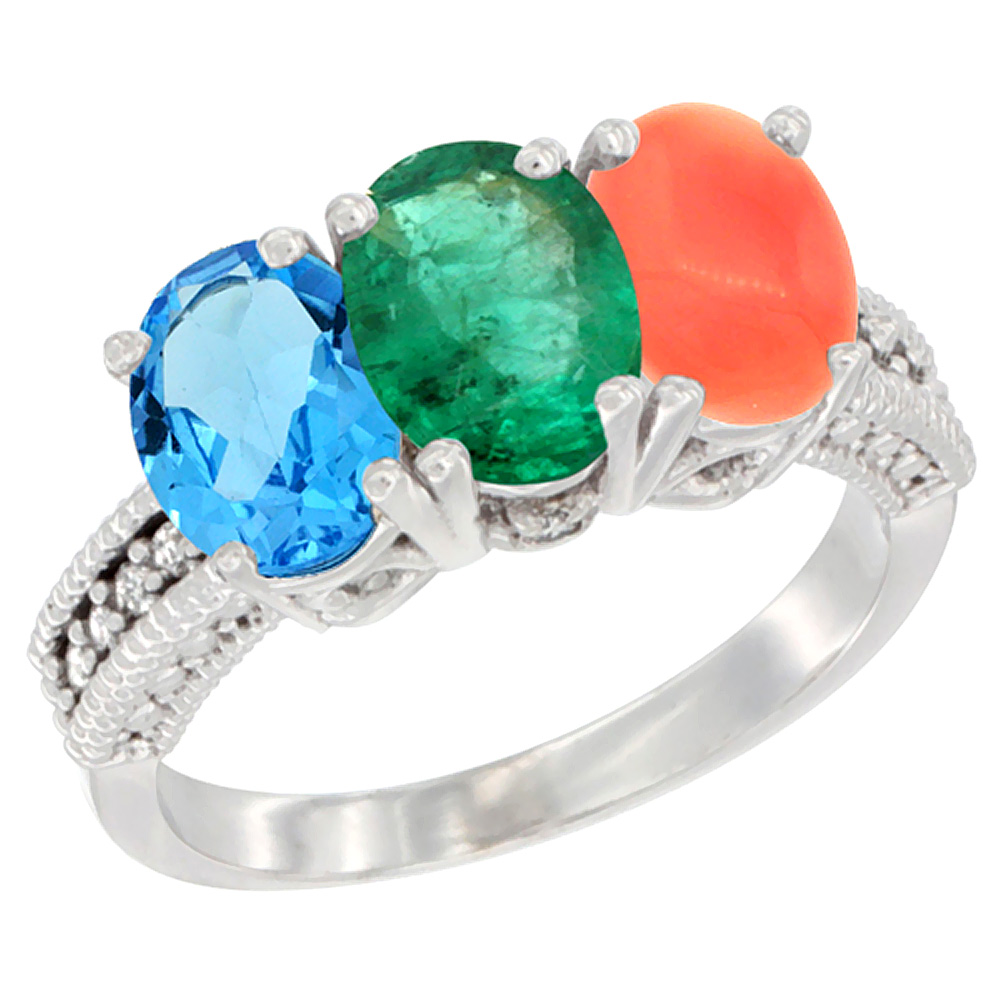 14K White Gold Natural Swiss Blue Topaz, Emerald & Coral Ring 3-Stone 7x5 mm Oval Diamond Accent, sizes 5 - 10