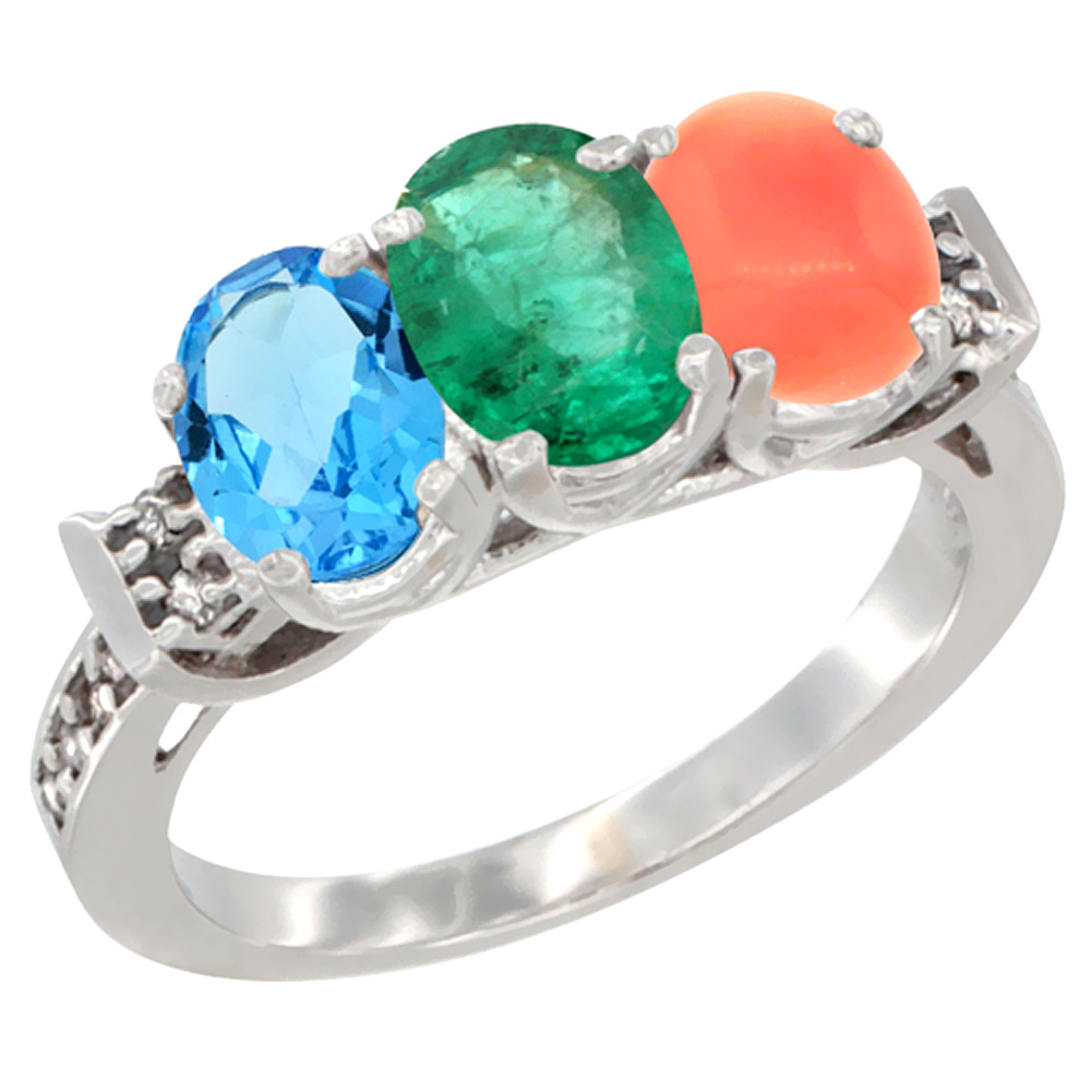 10K White Gold Natural Swiss Blue Topaz, Emerald & Coral Ring 3-Stone Oval 7x5 mm Diamond Accent, sizes 5 - 10