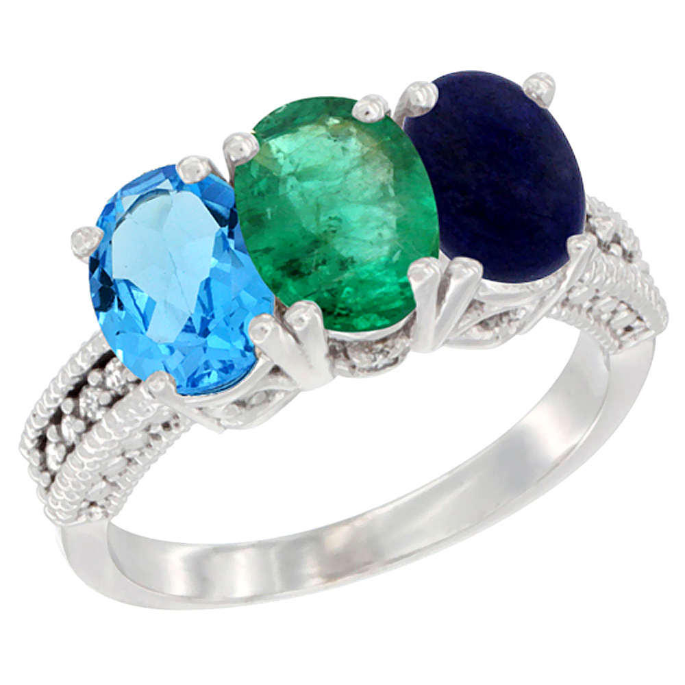 10K White Gold Natural Swiss Blue Topaz, Emerald &amp; Lapis Ring 3-Stone Oval 7x5 mm Diamond Accent, sizes 5 - 10