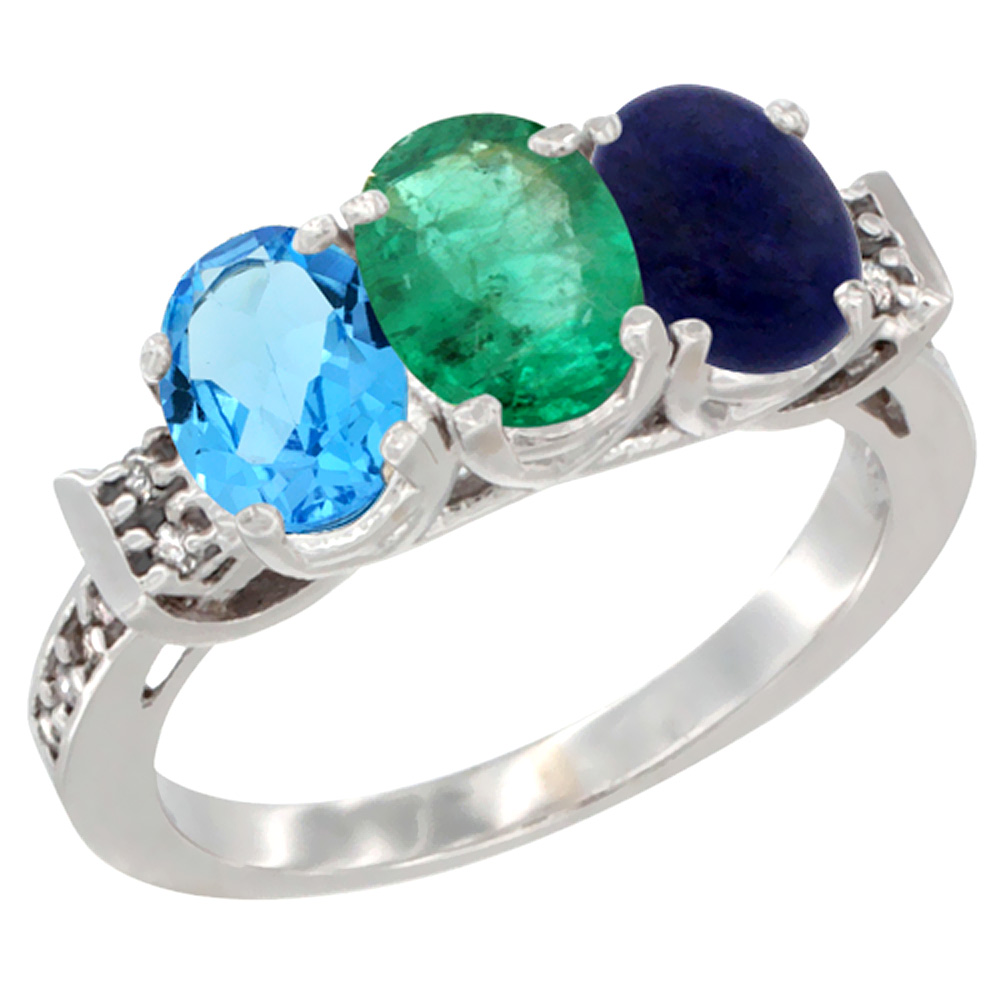 14K White Gold Natural Swiss Blue Topaz, Emerald &amp; Lapis Ring 3-Stone 7x5 mm Oval Diamond Accent, sizes 5 - 10