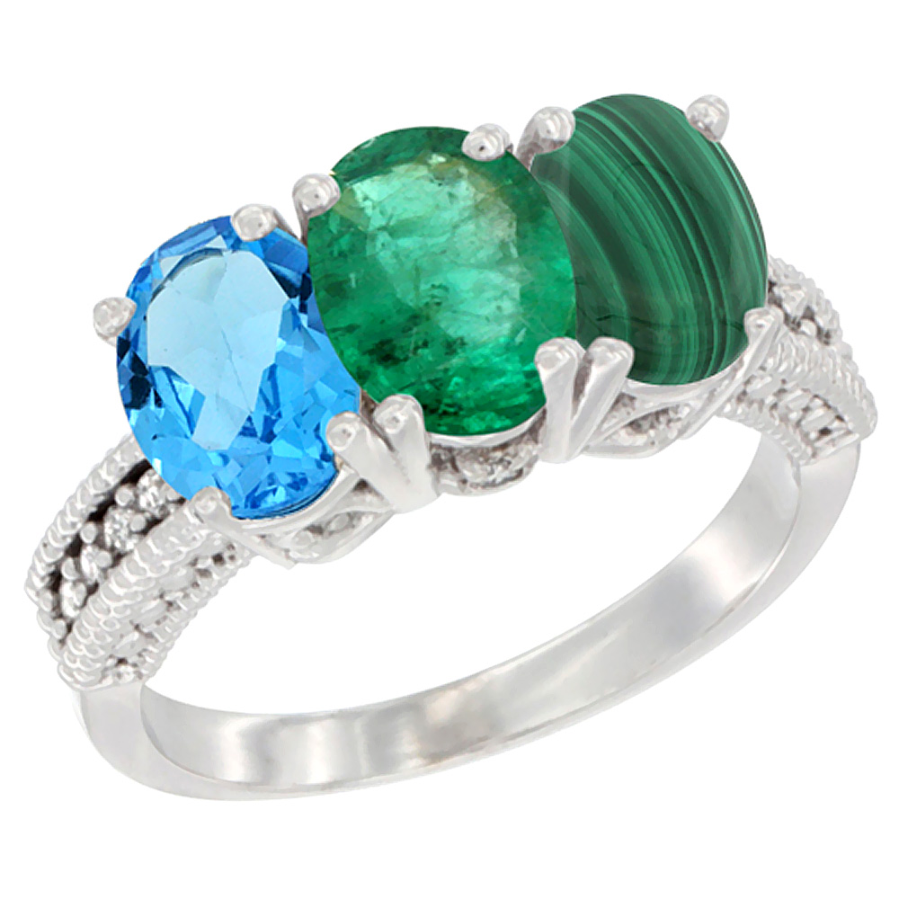 10K White Gold Natural Swiss Blue Topaz, Emerald & Malachite Ring 3-Stone Oval 7x5 mm Diamond Accent, sizes 5 - 10
