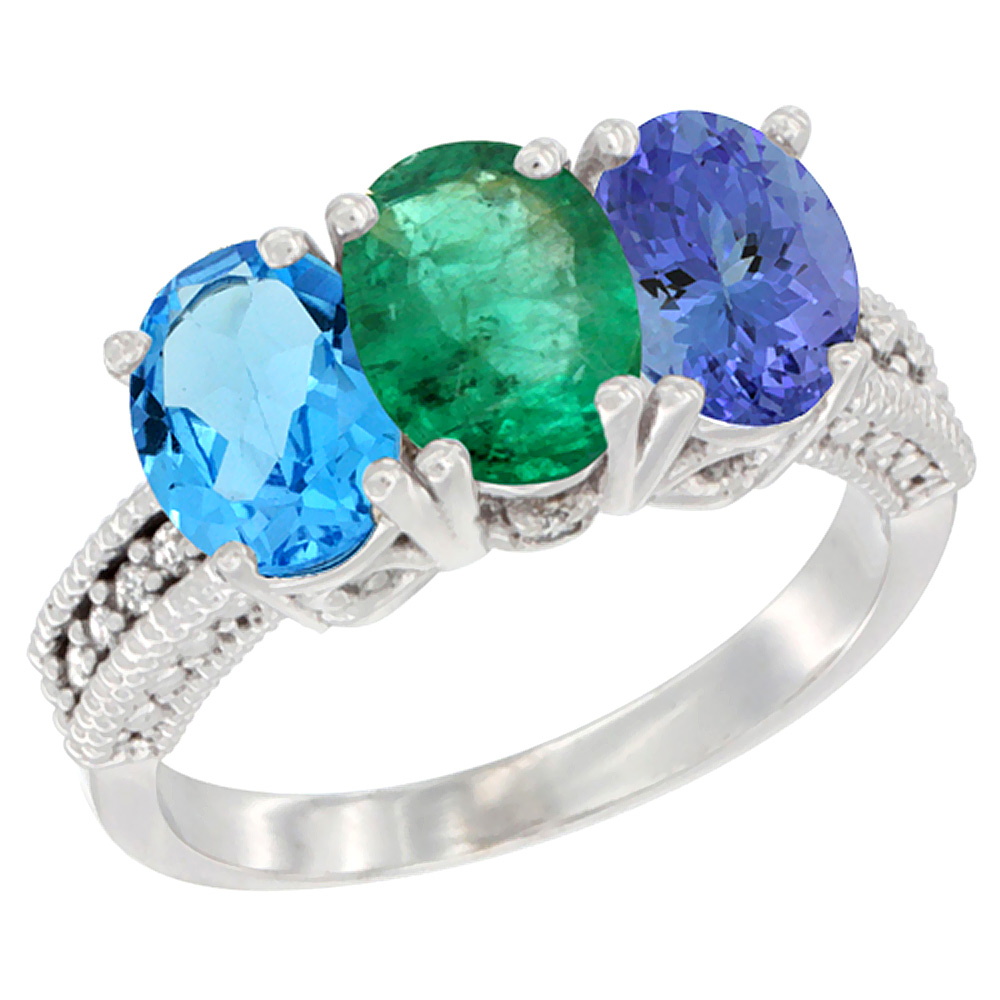 14K White Gold Natural Swiss Blue Topaz, Emerald & Tanzanite Ring 3-Stone 7x5 mm Oval Diamond Accent, sizes 5 - 10