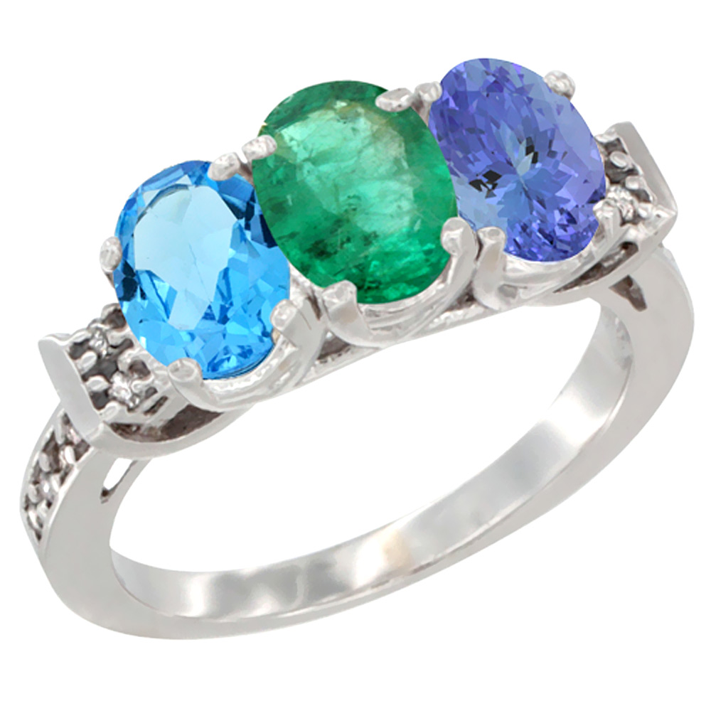 10K White Gold Natural Swiss Blue Topaz, Emerald & Tanzanite Ring 3-Stone Oval 7x5 mm Diamond Accent, sizes 5 - 10