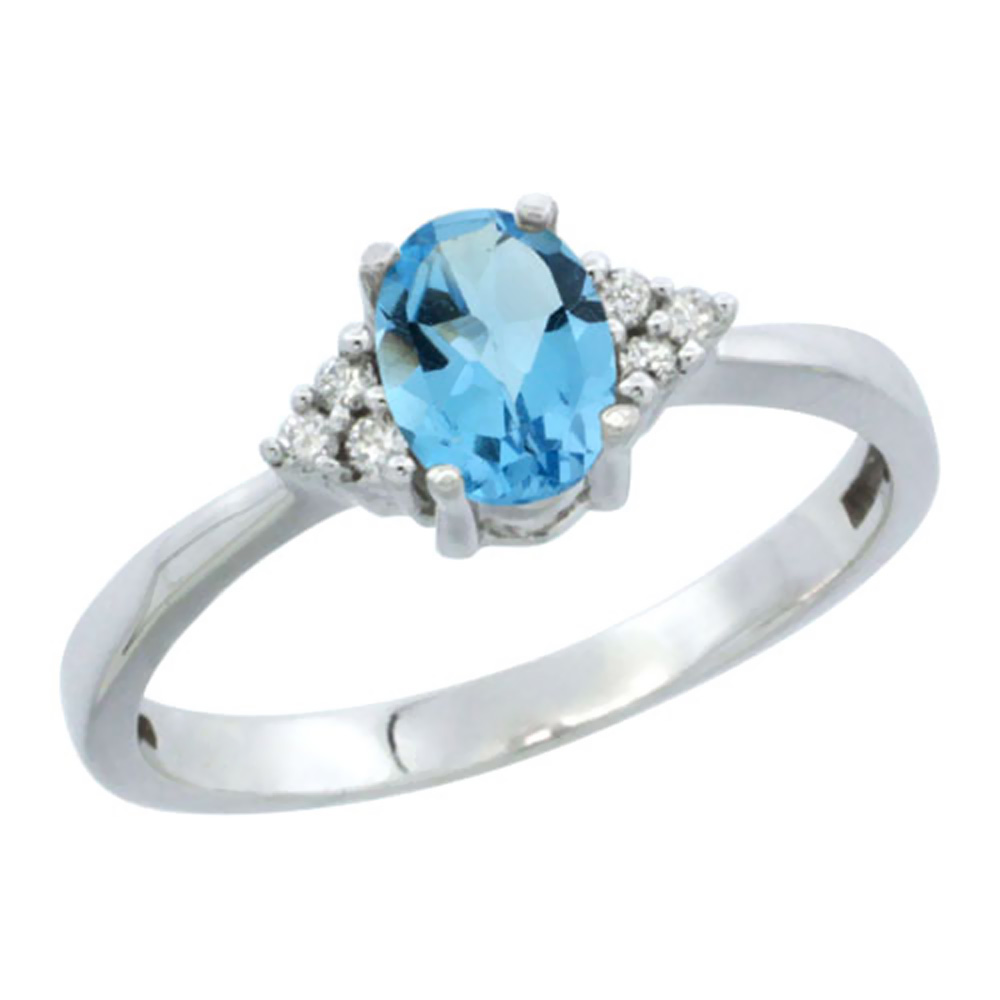 14K White Gold Natural Swiss Blue Topaz Ring Oval 6x4mm Diamond Accent, sizes 5-10