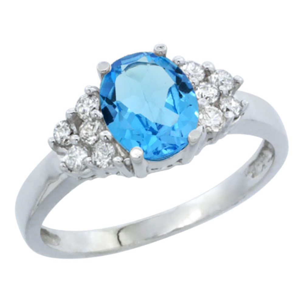14K White Gold Natural Swiss Blue Topaz Ring Oval 8x6mm Diamond Accent, sizes 5-10