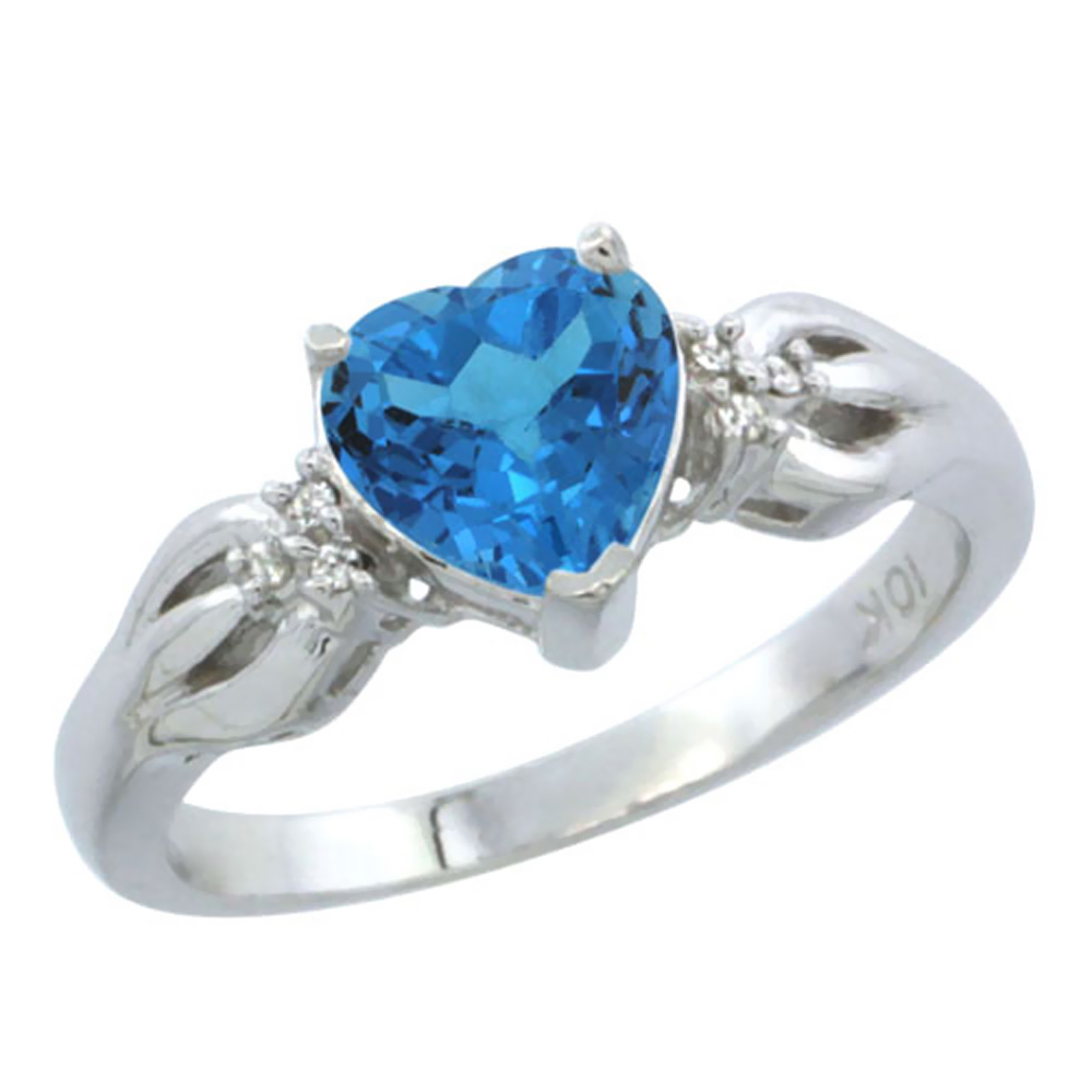 14K White Gold Natural Swiss Blue Topaz Ring Heart-shape 7x7mm Diamond Accent, sizes 5-10