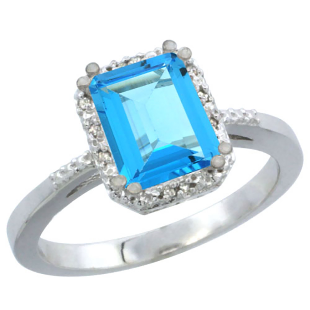 10K White Gold Genuine Blue Topaz Ring Halo Emerald-shape 8x6mm Diamond Accent sizes 5-10