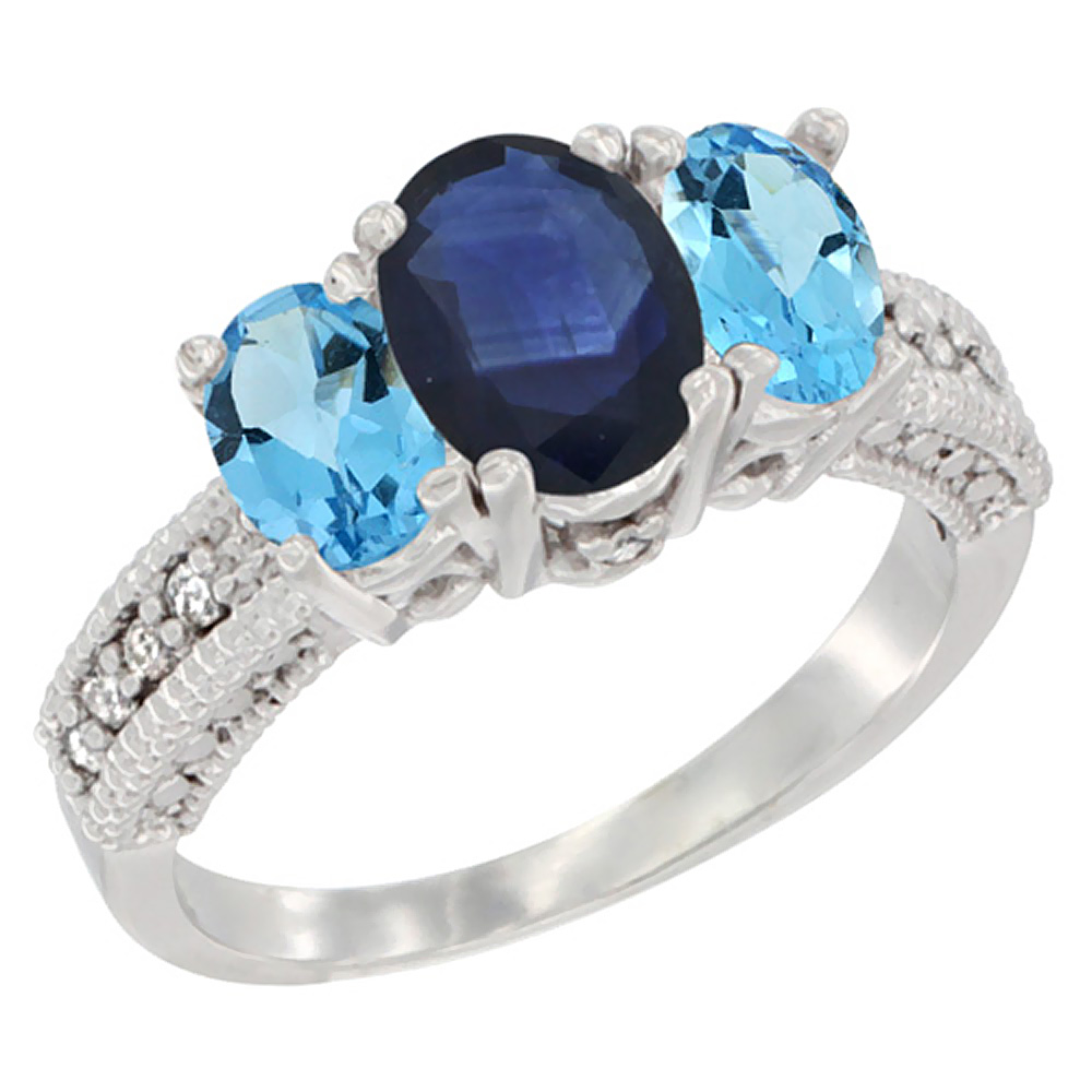 10K White Gold Diamond Natural Blue Sapphire Ring Oval 3-stone with Swiss Blue Topaz, sizes 5 - 10