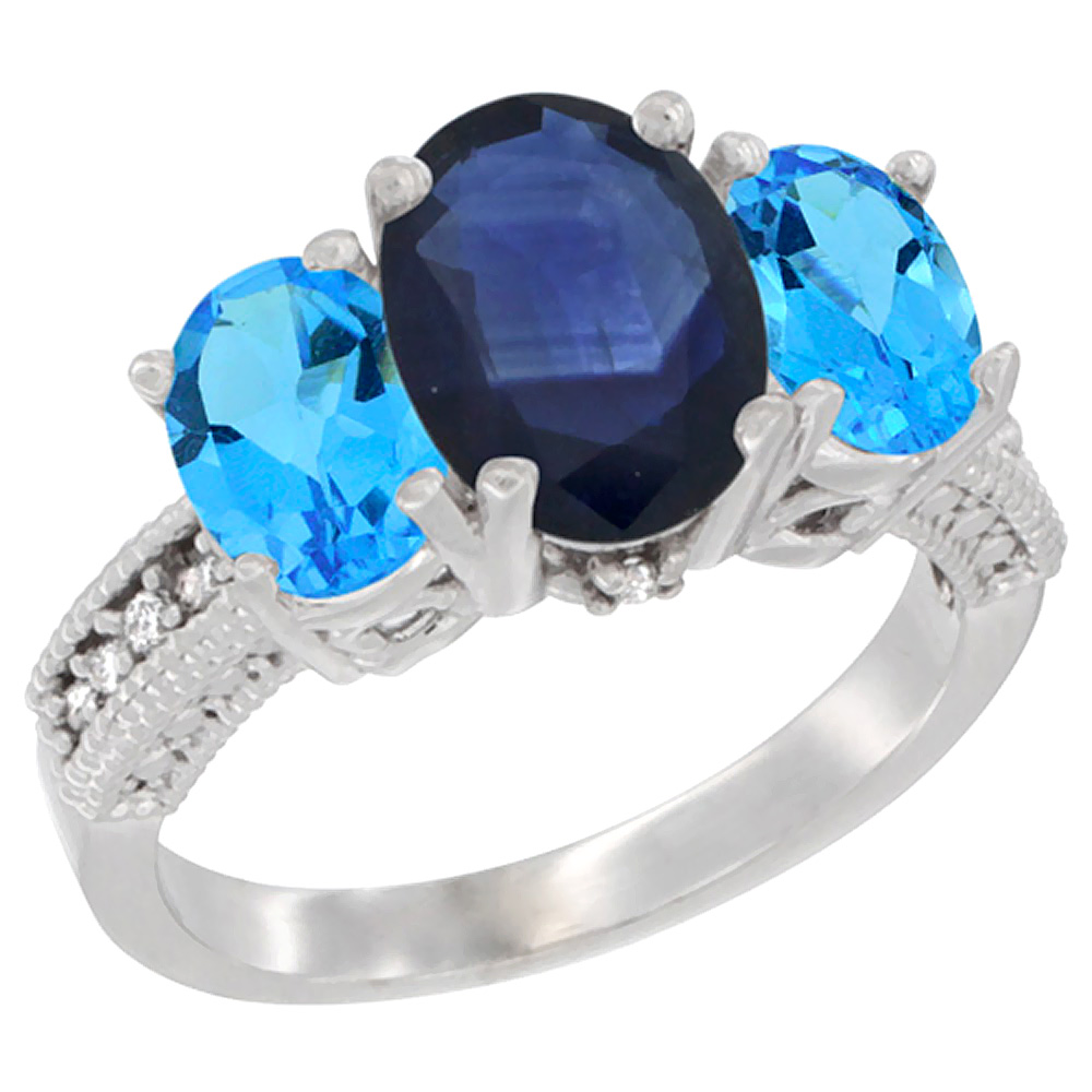 14K White Gold Diamond Natural Blue Sapphire Ring 3-Stone Oval 8x6mm with Swiss Blue Topaz, sizes5-10