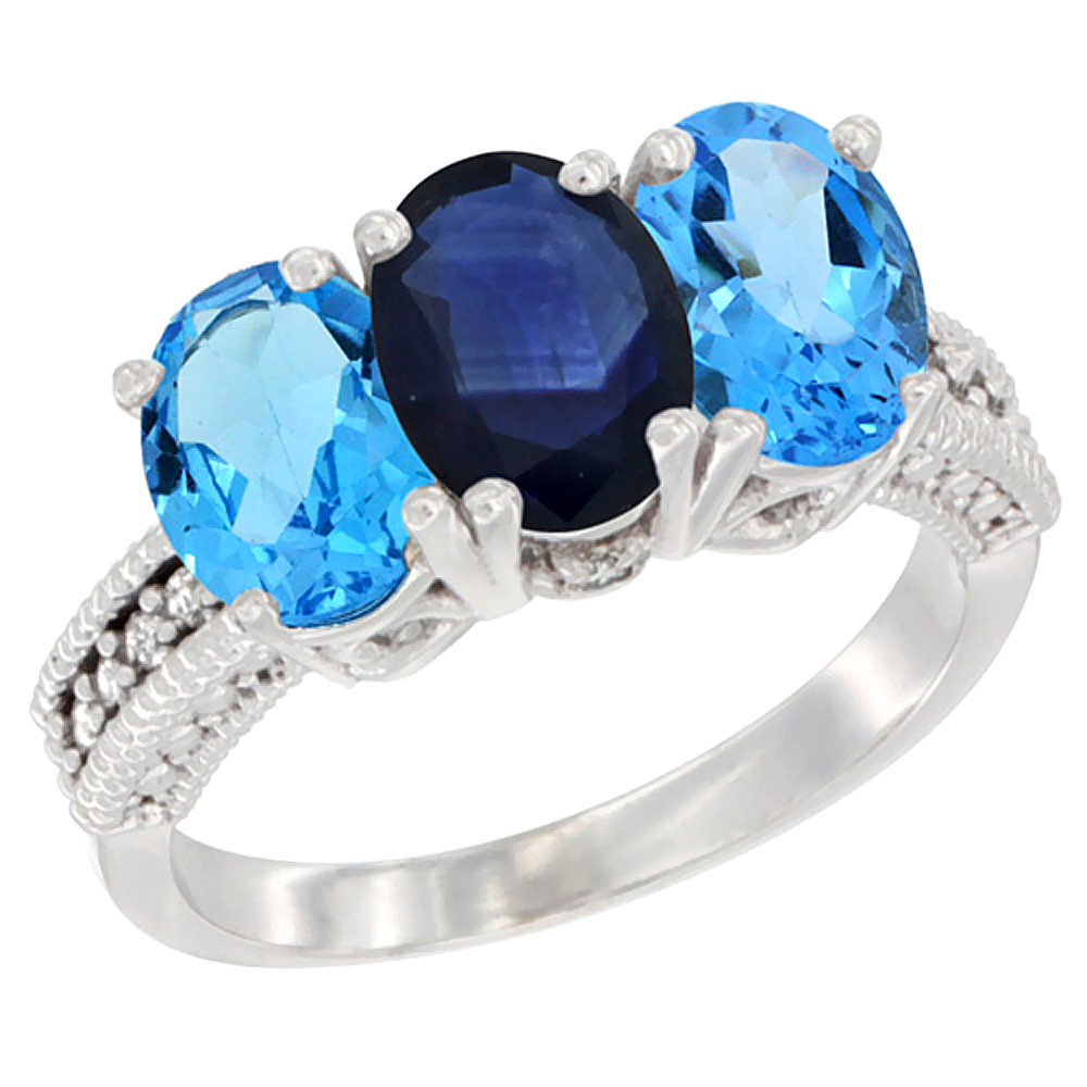 10K White Gold Natural Blue Sapphire &amp; Swiss Blue Topaz Sides Ring 3-Stone Oval 7x5 mm Diamond Accent, sizes 5 - 10