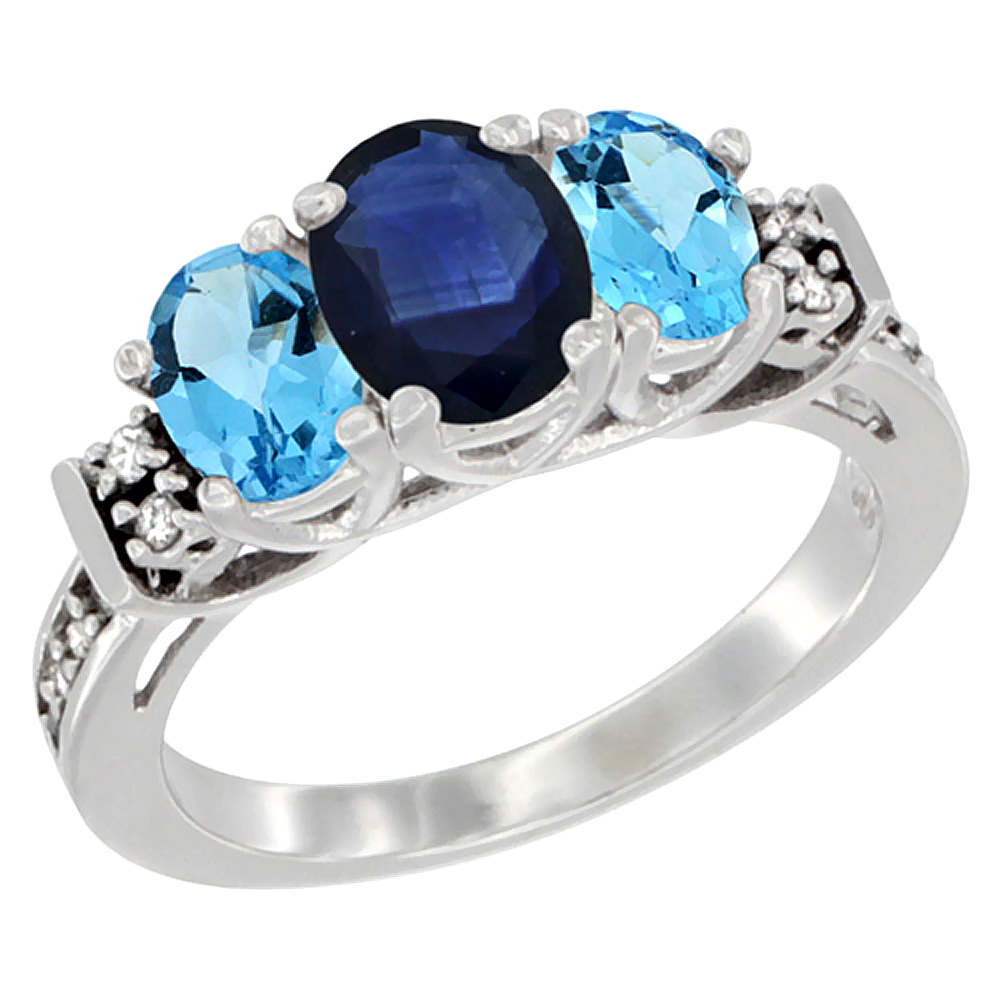 14K White Gold Natural Blue Sapphire &amp; Swiss Blue Topaz Ring 3-Stone Oval Diamond Accent, sizes 5-10