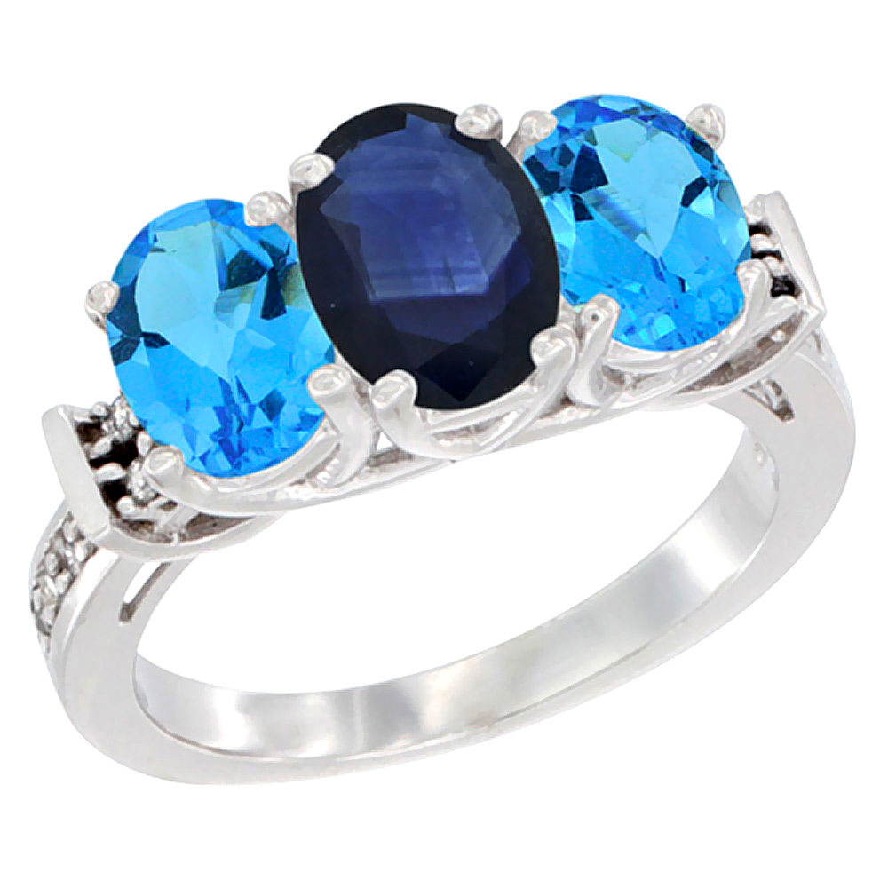 10K White Gold Natural Blue Sapphire & Swiss Blue Topaz Sides Ring 3-Stone Oval Diamond Accent, sizes 5 - 10