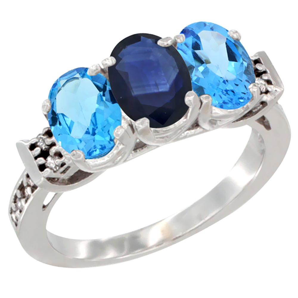 10K White Gold Natural Blue Sapphire &amp; Swiss Blue Topaz Sides Ring 3-Stone Oval 7x5 mm Diamond Accent, sizes 5 - 10