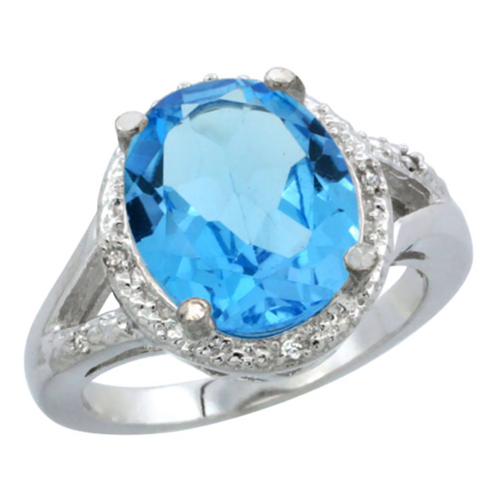 14K White Gold Natural Swiss Blue Topaz Ring Oval 12x10mm Diamond Accent, sizes 5-10