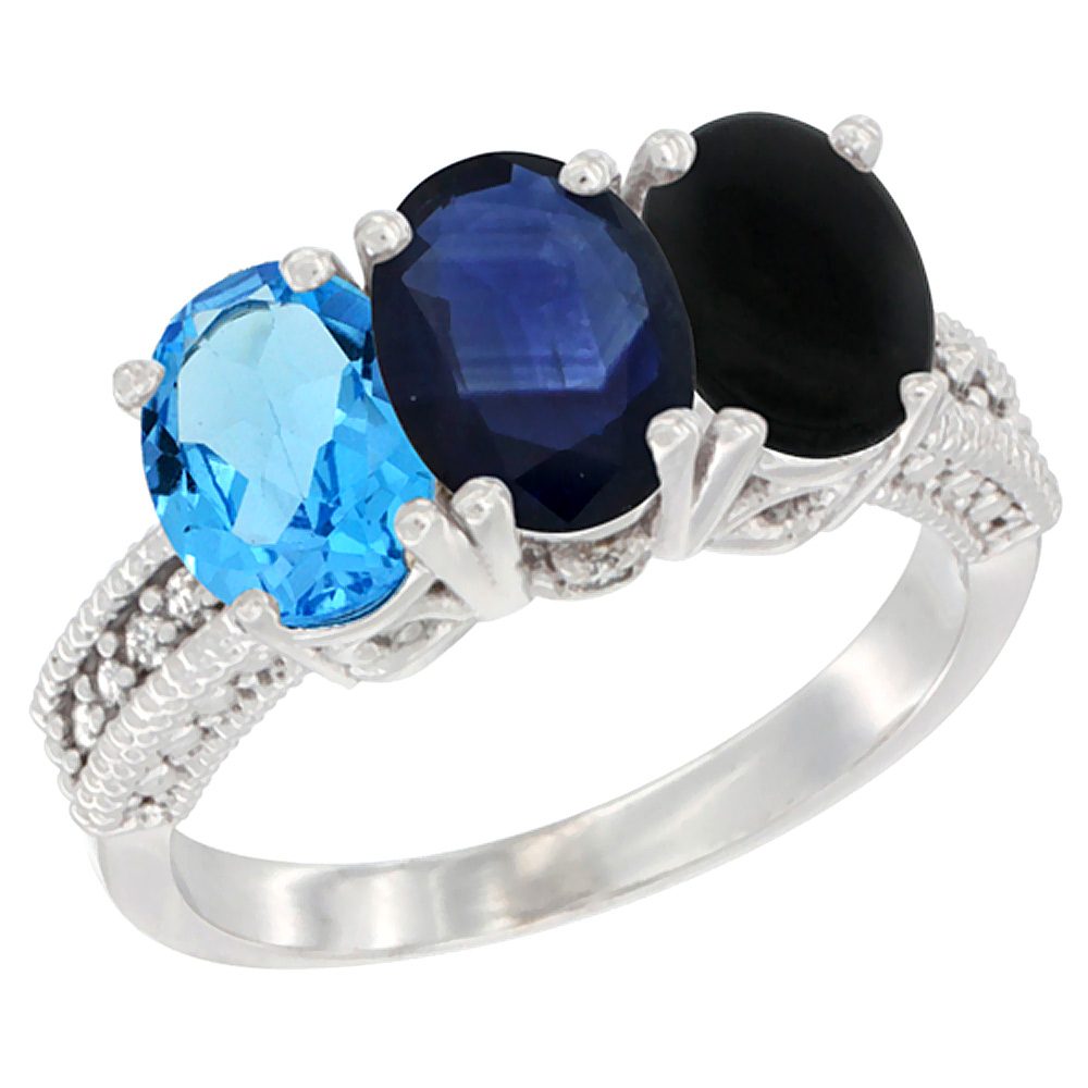 10K White Gold Natural Swiss Blue Topaz, Blue Sapphire &amp; Black Onyx Ring 3-Stone Oval 7x5 mm Diamond Accent, sizes 5 - 10
