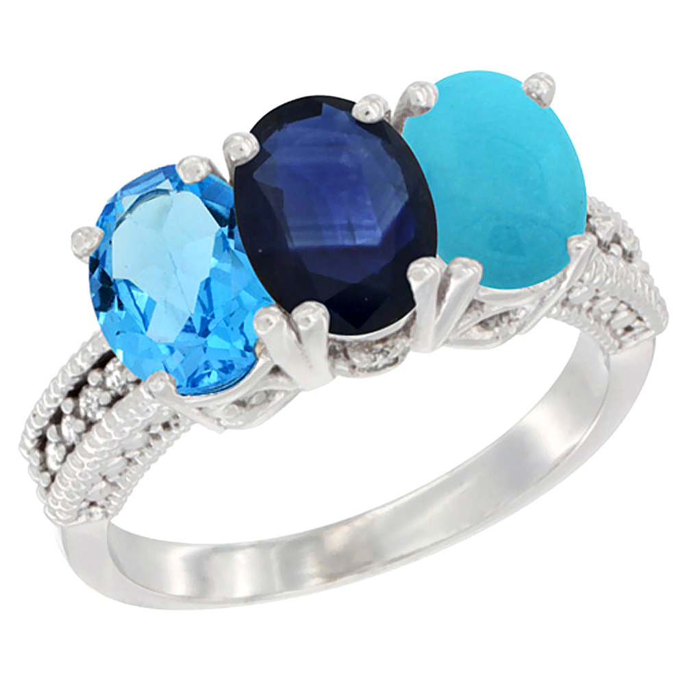 10K White Gold Natural Swiss Blue Topaz, Blue Sapphire & Turquoise Ring 3-Stone Oval 7x5 mm Diamond Accent, sizes 5 - 10
