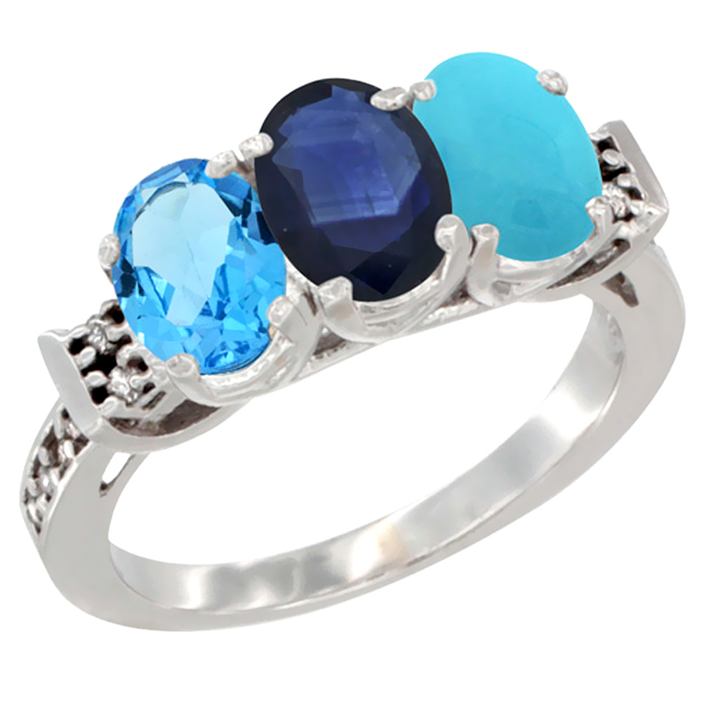 14K White Gold Natural Swiss Blue Topaz, Blue Sapphire & Turquoise Ring 3-Stone 7x5 mm Oval Diamond Accent, sizes 5 - 10