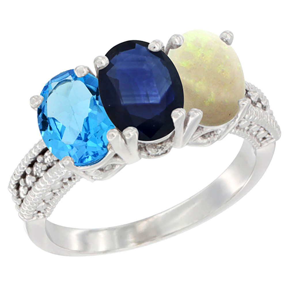 10K White Gold Natural Swiss Blue Topaz, Blue Sapphire & Opal Ring 3-Stone Oval 7x5 mm Diamond Accent, sizes 5 - 10