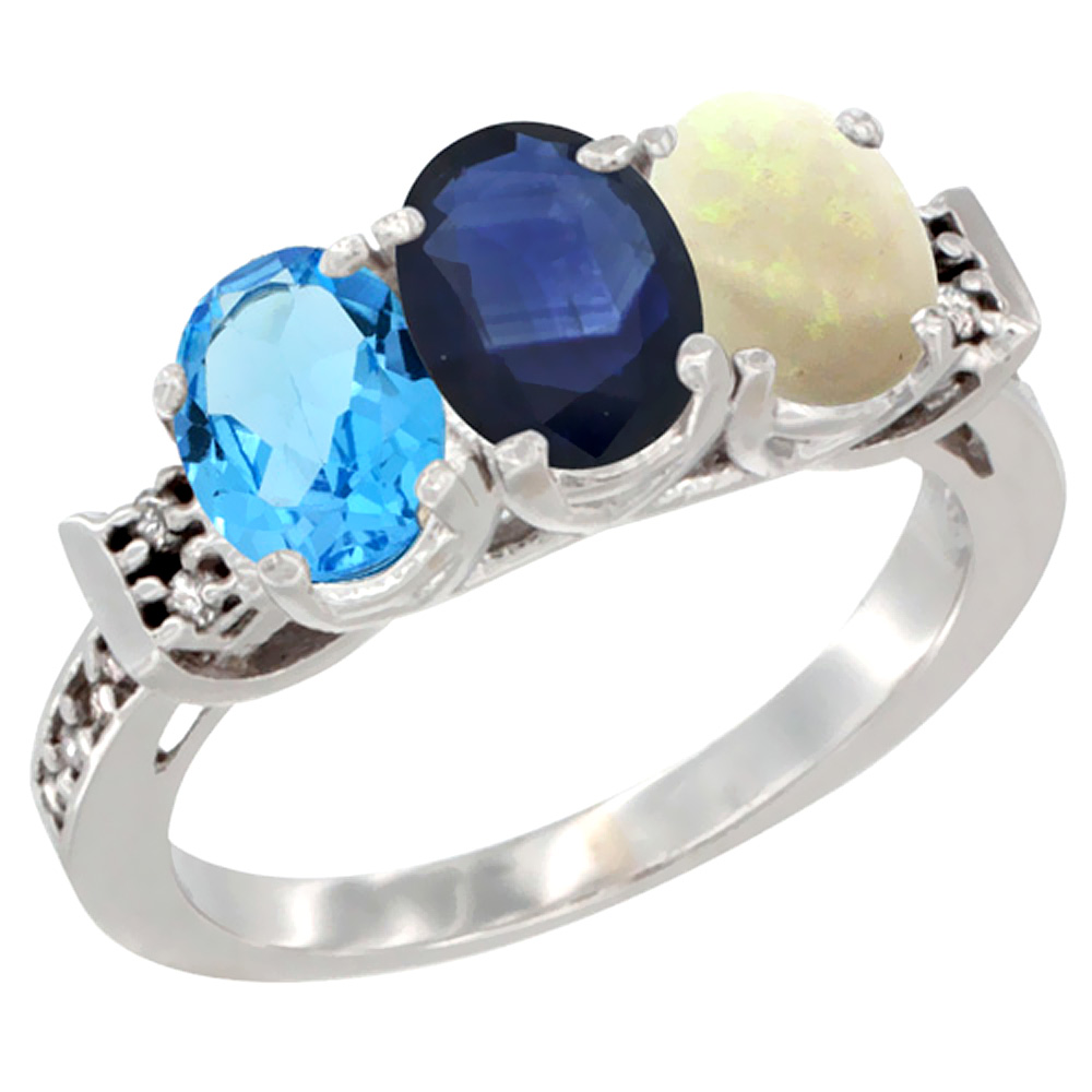 10K White Gold Natural Swiss Blue Topaz, Blue Sapphire & Opal Ring 3-Stone Oval 7x5 mm Diamond Accent, sizes 5 - 10
