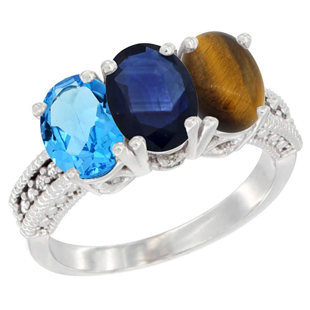 14K White Gold Natural Swiss Blue Topaz, Blue Sapphire &amp; Tiger Eye Ring 3-Stone 7x5 mm Oval Diamond Accent, sizes 5 - 10