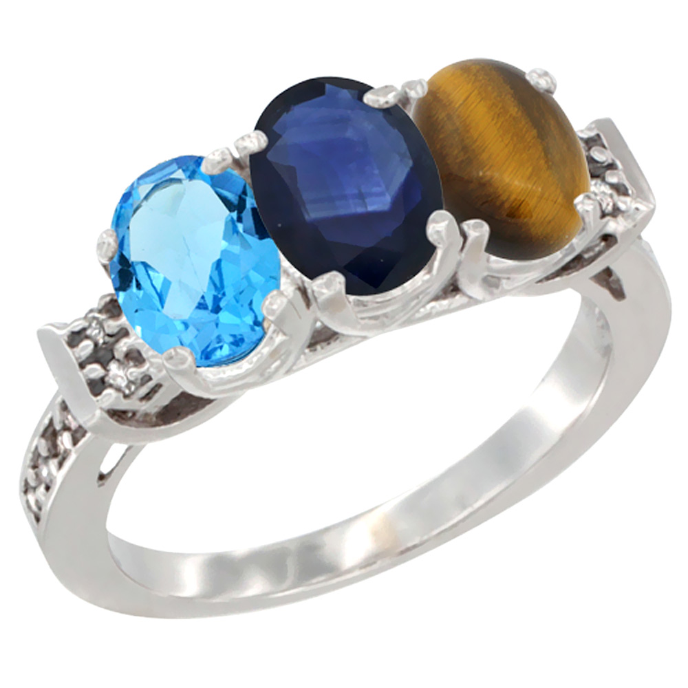 14K White Gold Natural Swiss Blue Topaz, Blue Sapphire & Tiger Eye Ring 3-Stone 7x5 mm Oval Diamond Accent, sizes 5 - 10