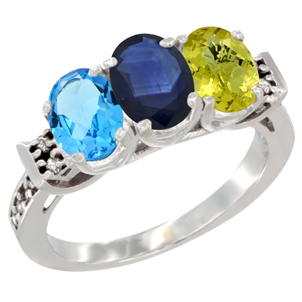 14K White Gold Natural Swiss Blue Topaz, Blue Sapphire &amp; Lemon Quartz Ring 3-Stone 7x5 mm Oval Diamond Accent, sizes 5 - 10