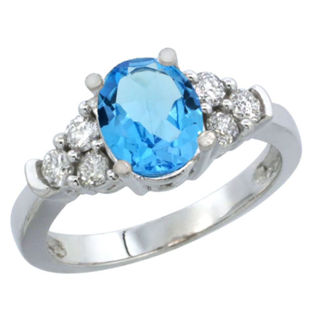 14K White Gold Natural Swiss Blue Topaz Ring Oval 9x7mm Diamond Accent, sizes 5-10