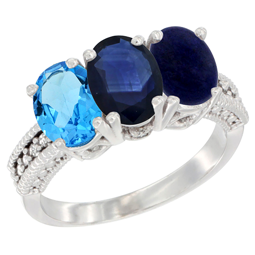 14K White Gold Natural Swiss Blue Topaz, Blue Sapphire & Lapis Ring 3-Stone 7x5 mm Oval Diamond Accent, sizes 5 - 10
