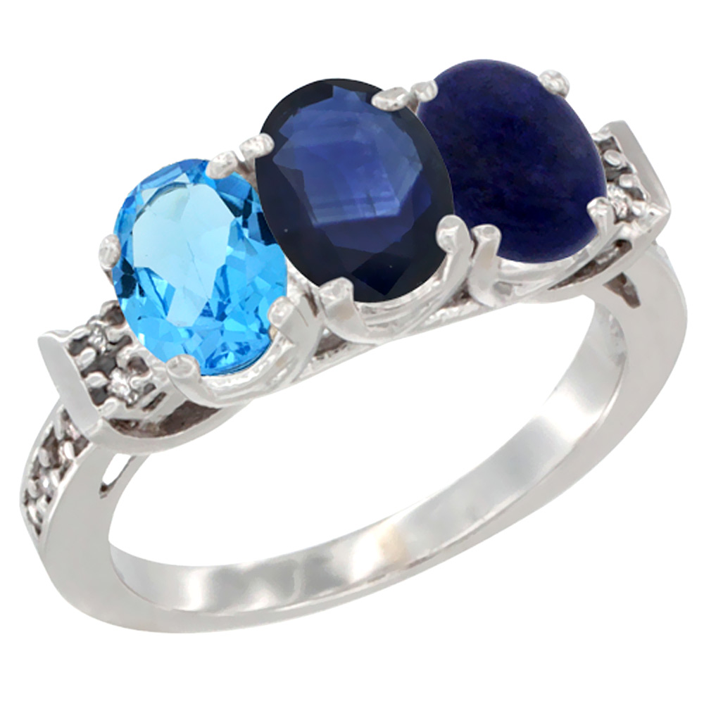 10K White Gold Natural Swiss Blue Topaz, Blue Sapphire &amp; Lapis Ring 3-Stone Oval 7x5 mm Diamond Accent, sizes 5 - 10