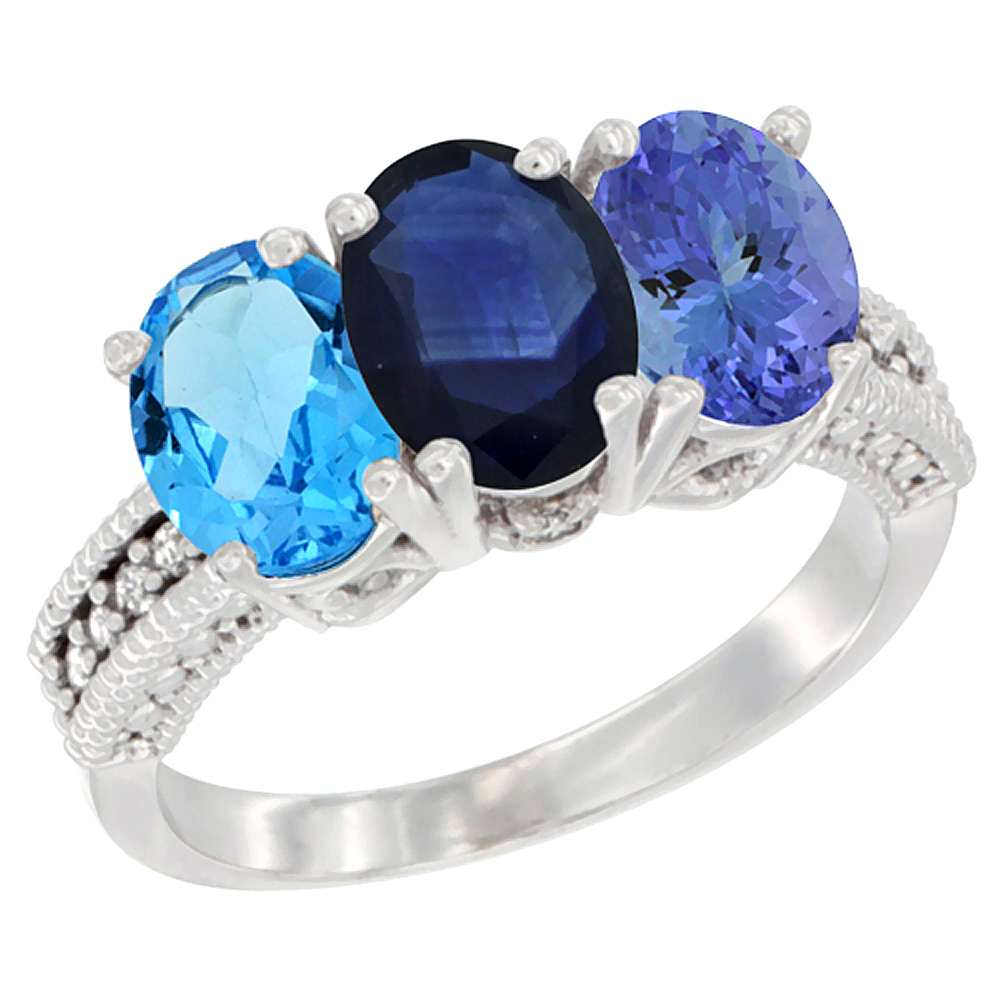 14K White Gold Natural Swiss Blue Topaz, Blue Sapphire & Tanzanite Ring 3-Stone 7x5 mm Oval Diamond Accent, sizes 5 - 10