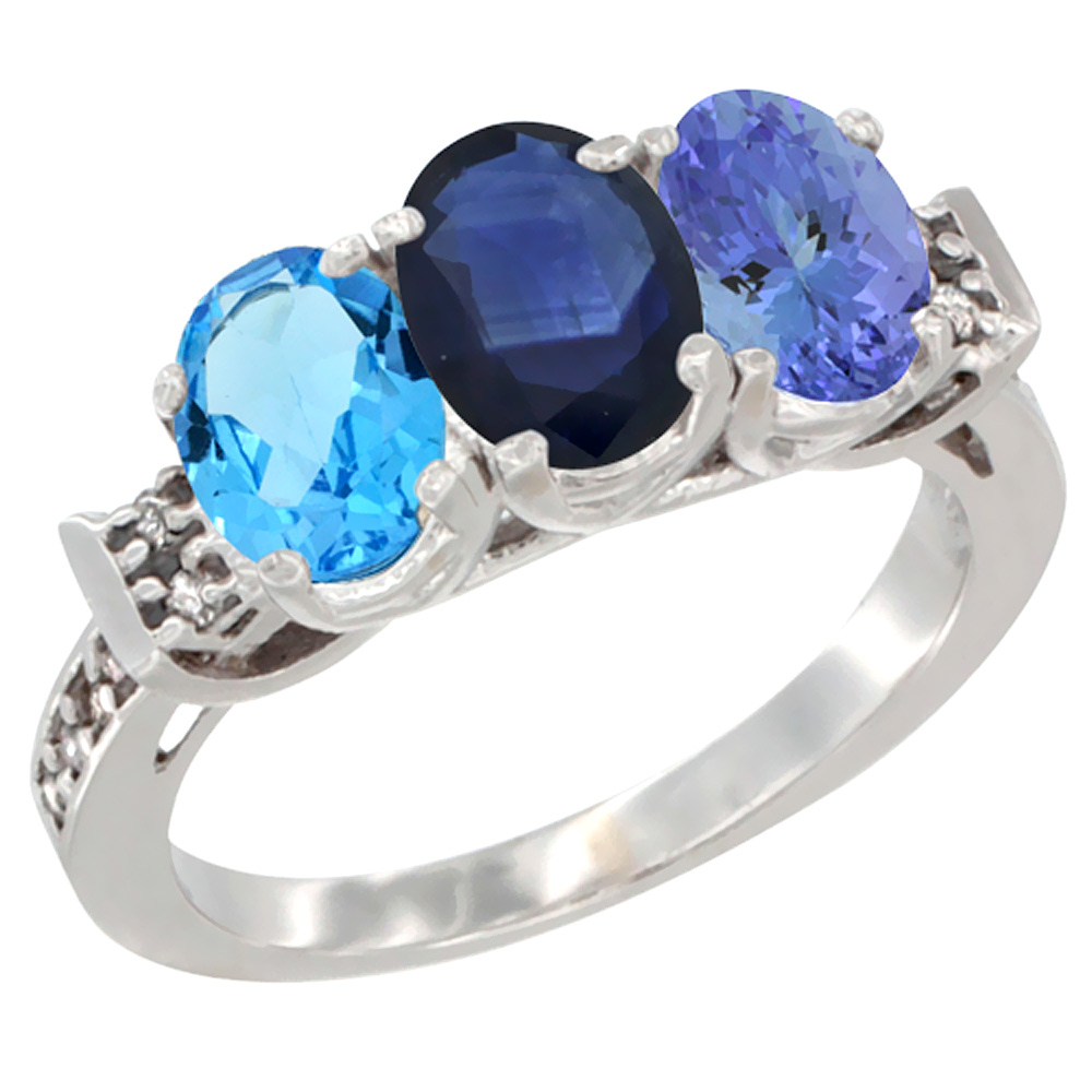 14K White Gold Natural Swiss Blue Topaz, Blue Sapphire & Tanzanite Ring 3-Stone 7x5 mm Oval Diamond Accent, sizes 5 - 10