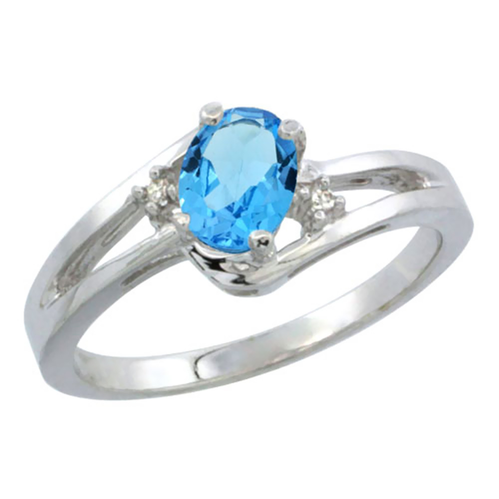 10K White Gold Diamond Genuine Blue Topaz Ring Oval 6x4 mm sizes 5-10