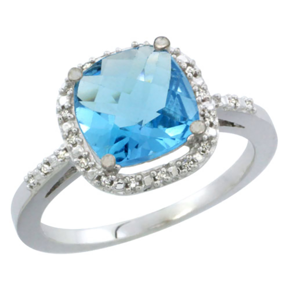 10K White Gold Genuine Blue Topaz Ring Halo Cushion-cut 8x8mm Diamond Accent sizes 5-10