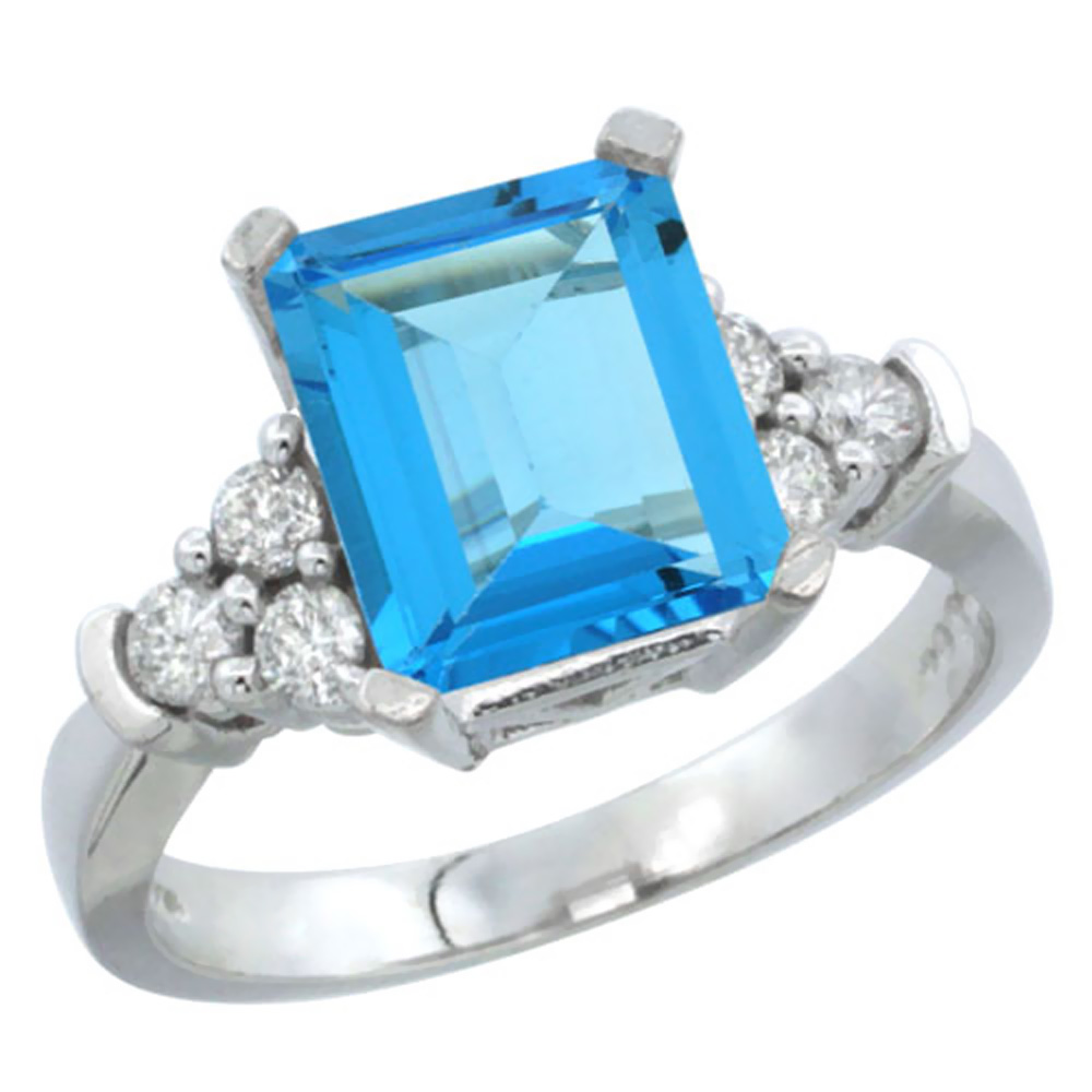 14K White Gold Natural Swiss Blue Topaz Ring Octagon 9x7mm Diamond Accent, sizes 5-10
