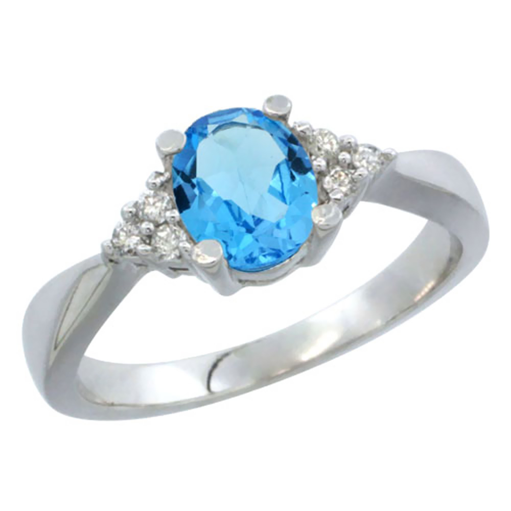 10K White Gold Diamond Genuine Blue Topaz Engagement Ring Oval 7x5mm sizes 5-10