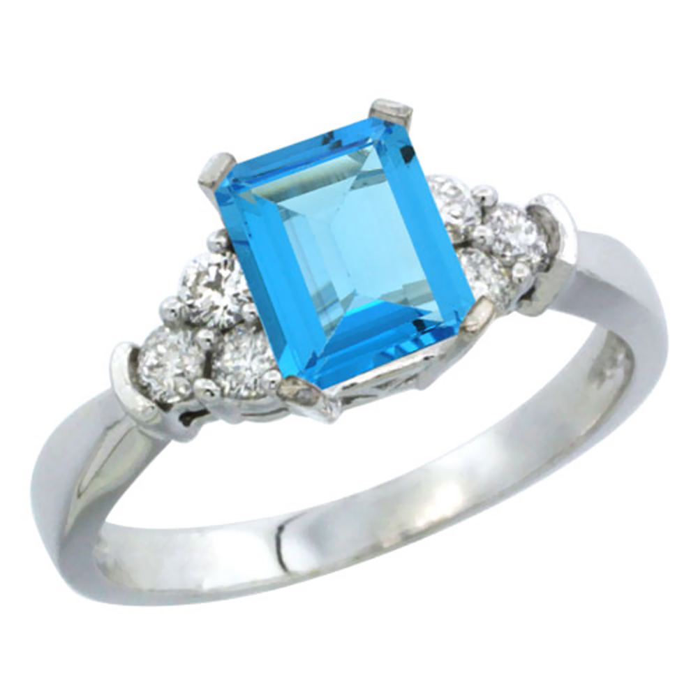 14K White Gold Natural Swiss Blue Topaz Ring Octagon 7x5mm Diamond Accent, sizes 5-10