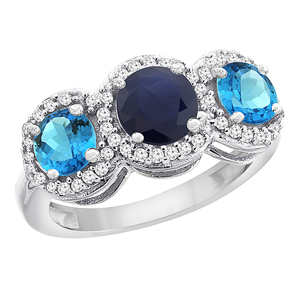 10K White Gold Natural High Quality Blue Sapphire & Swiss Blue Topaz Sides Round 3-stone Ring Diamond Accents, sizes 5 - 10