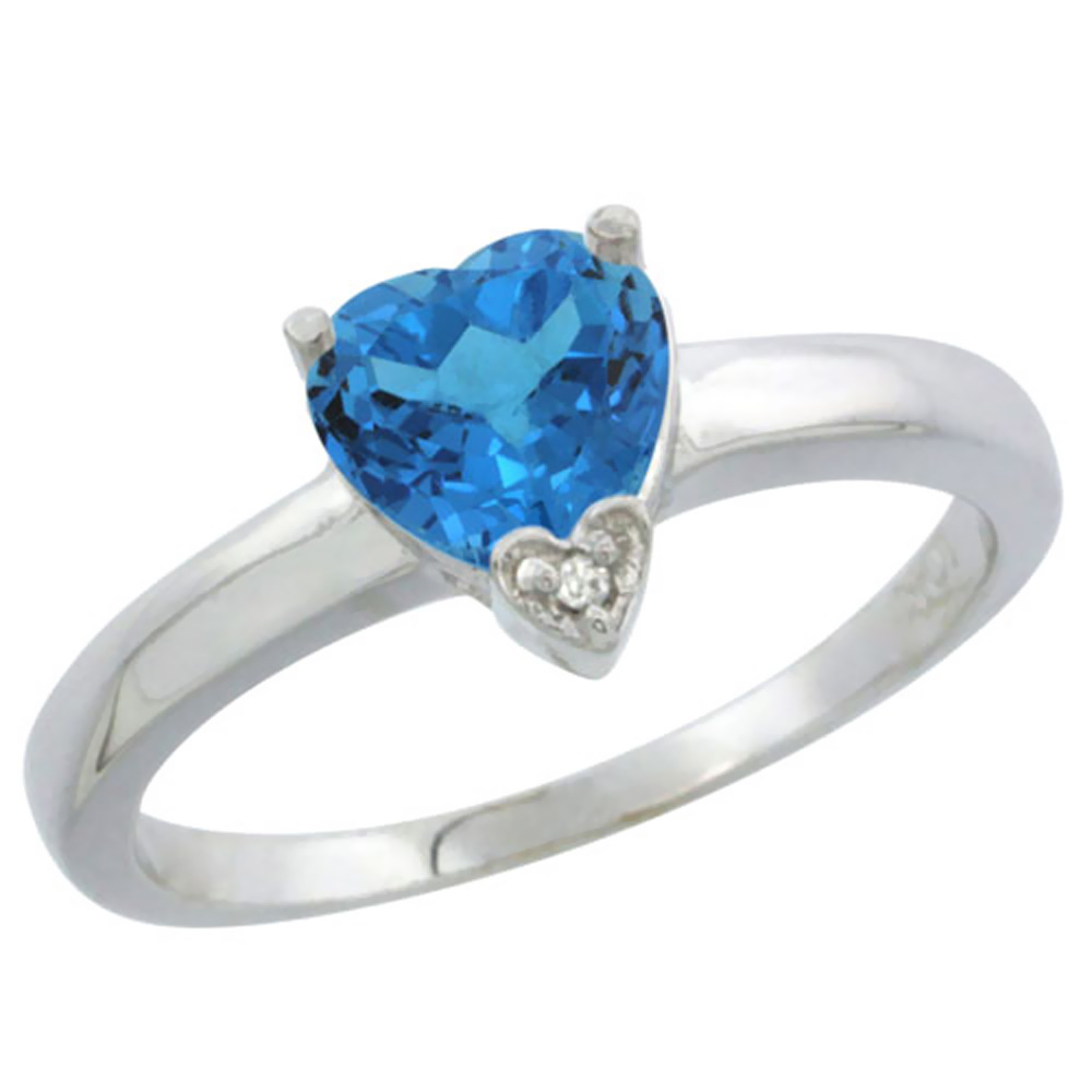 10K White Gold Genuine Blue Topaz Ring Heart 7x7mm Diamond Accent sizes 5-10