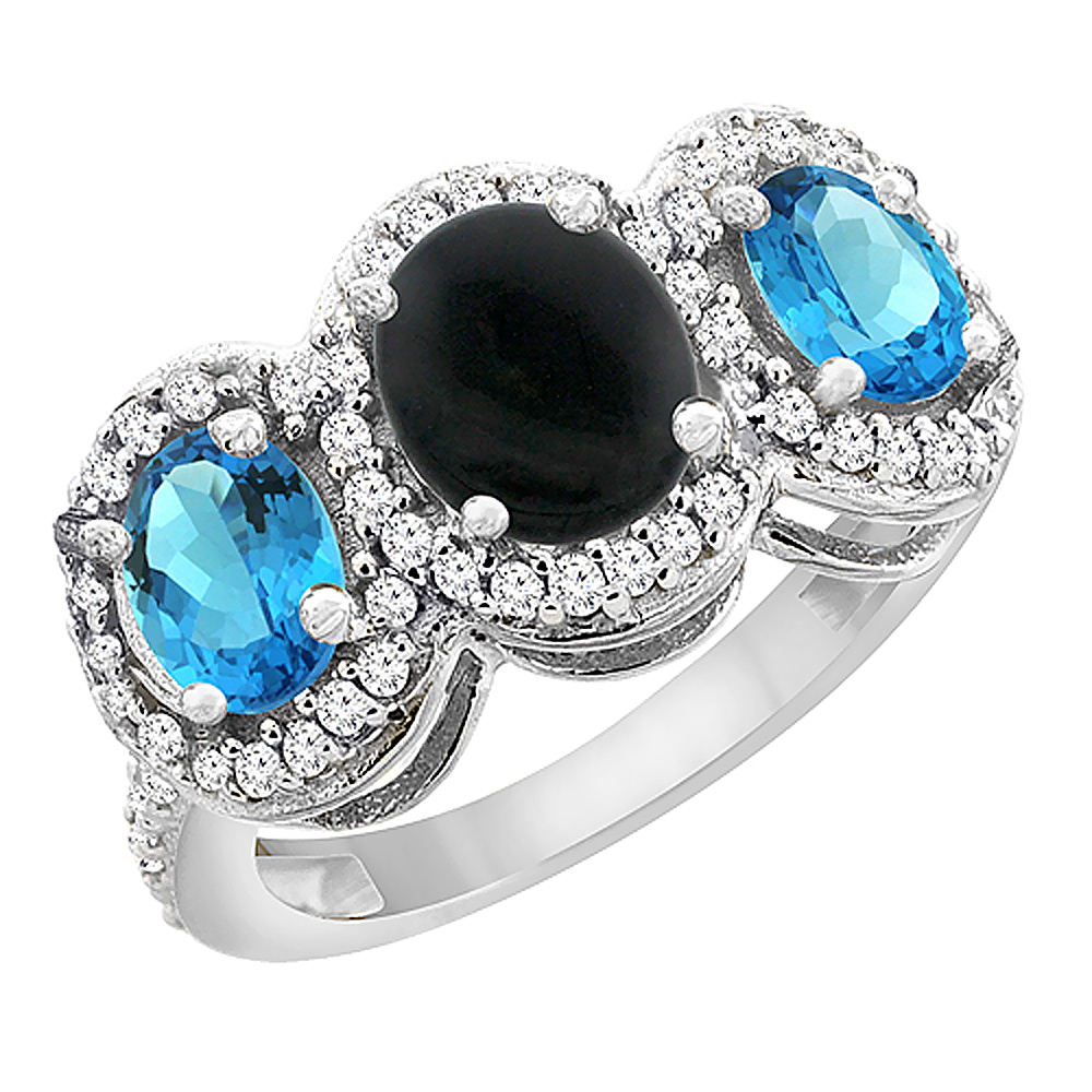 10K White Gold Natural Black Onyx &amp; Swiss Blue Topaz 3-Stone Ring Oval Diamond Accent, sizes 5 - 10
