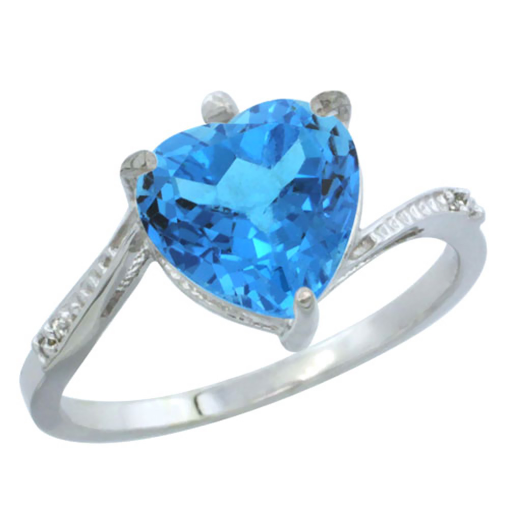 14K White Gold Natural Swiss Blue Topaz Ring Heart 9x9mm Diamond Accent, sizes 5-10